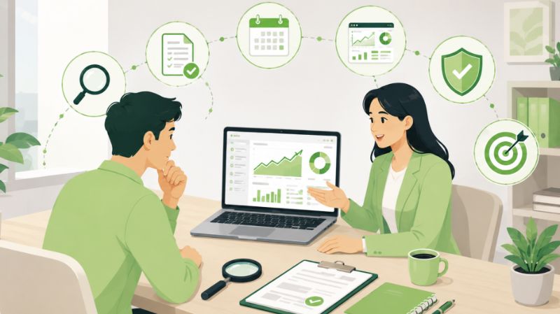 Pemilik bisnis berdiskusi dengan spesialis SEO sambil meninjau strategi, analitik, kontrak, jadwal, pelaporan, keamanan, dan target SEO.