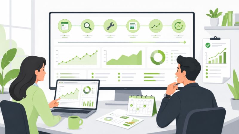 Jasa SEO handal membantu memantau performa website melalui dashboard, laporan data, dan evaluasi berkala.