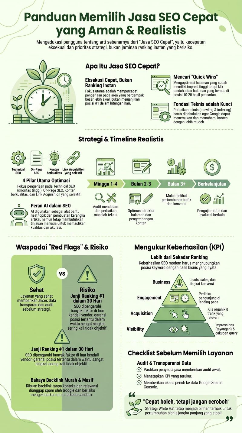 Jasa SEO cepat menjelaskan strategi SEO realistis, timeline optimasi, KPI, risiko, dan checklist layanan.