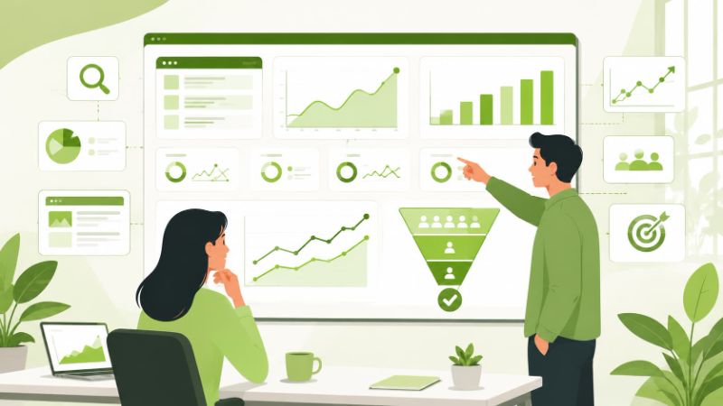 Ilustrasi tim menganalisis data dashboard dan funnel konversi dari penyedia SEO di layar besar.