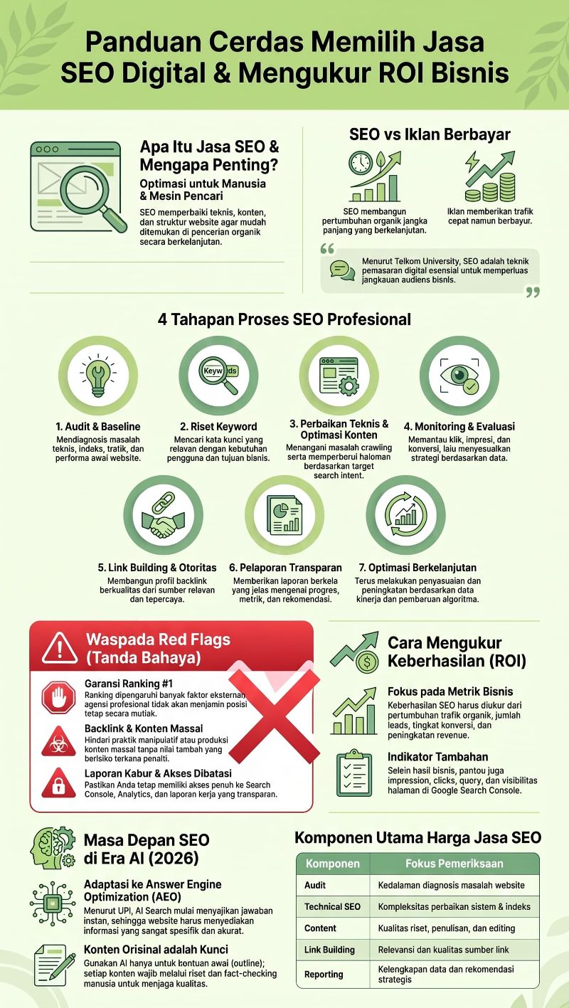 Jasa SEO digital dengan ilustrasi tahapan SEO, pengukuran ROI, optimasi konten, dan evaluasi kinerja.