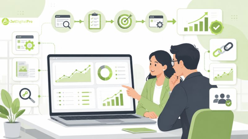 Jasa SEO digital dengan evaluasi strategi, analitik website, optimasi, dan target pertumbuhan bisnis.