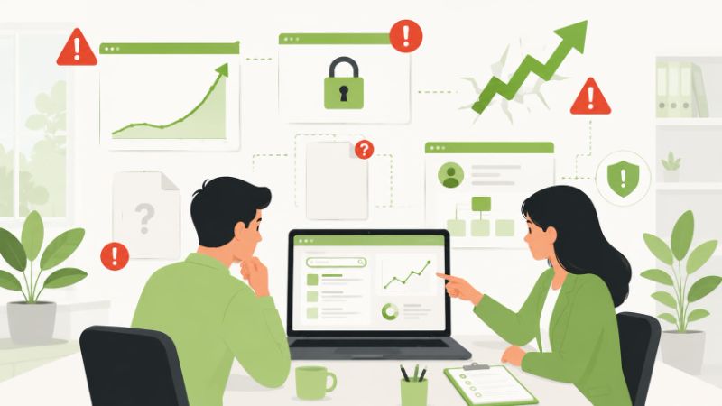 Ilustrasi dua orang mendiskusikan performa penyedia SEO melalui grafik dan laporan di laptop.