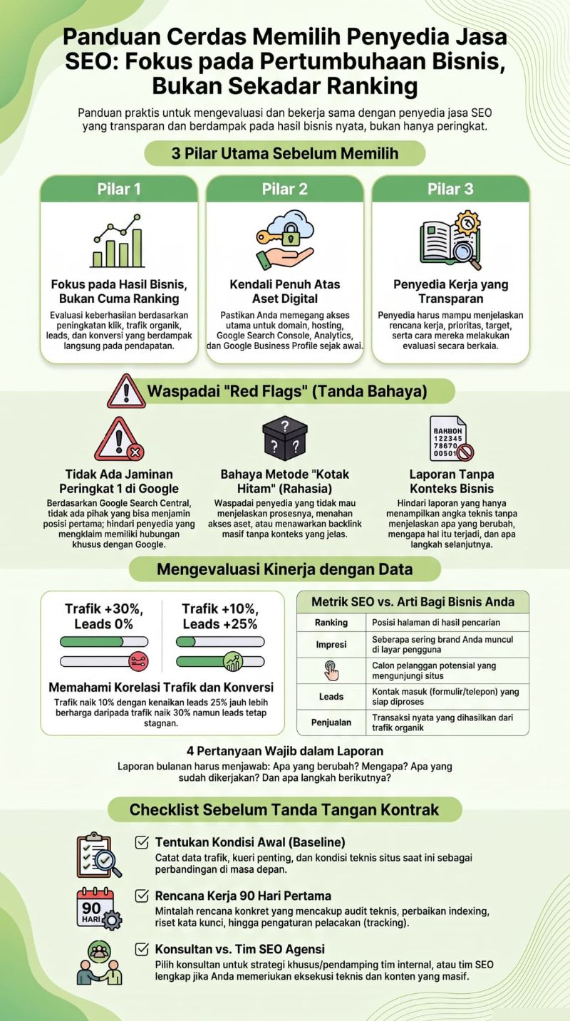 Ilustrasi panduan memilih penyedia SEO dengan ikon pilar, red flag, dan checklist evaluasi kinerja.
