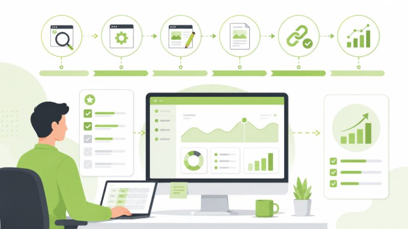 Jasa SEO cepat dengan laptop dashboard SEO, analitik trafik, checklist optimasi, dan proses evaluasi website.