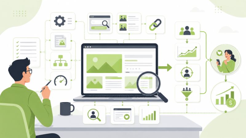 Jasa SEO digital menampilkan laptop, audit website, optimasi, analitik, dan alur pertumbuhan bisnis.