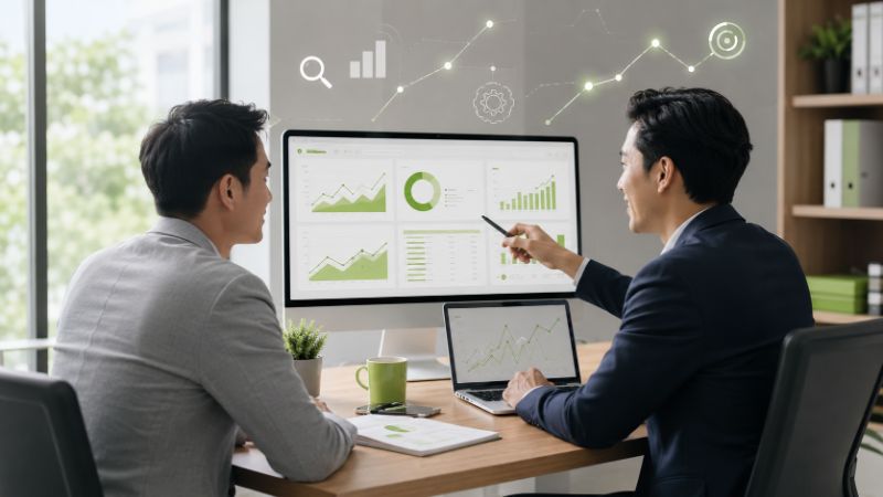 Tim perusahaan SEO menganalisis performa website dan grafik pertumbuhan bersama klien di ruang rapat.