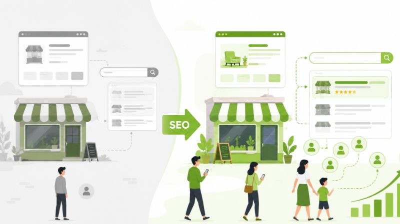 Ilustrasi perubahan bisnis dari sepi pengunjung menjadi lebih ramai setelah memiliki visibilitas SEO yang lebih baik.