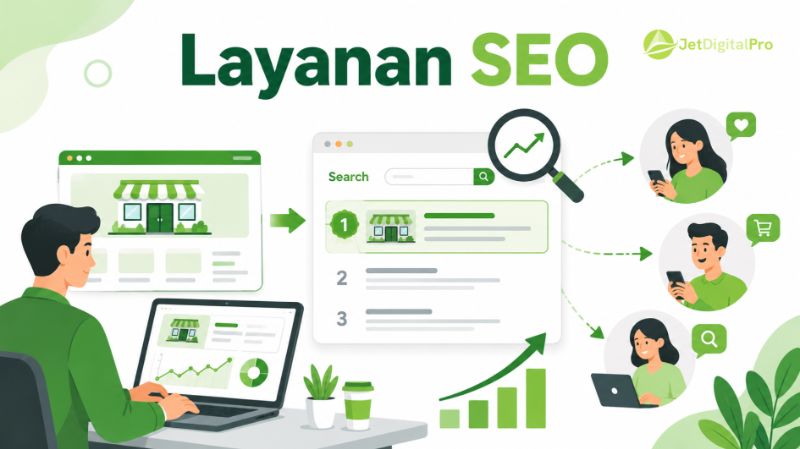 Ilustrasi layanan SEO yang membantu website bisnis tampil lebih terlihat di mesin pencari dan menjangkau pelanggan.
