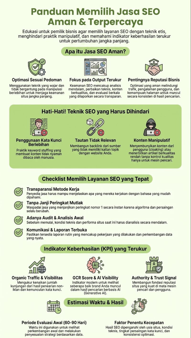 Infografis panduan memilih jasa SEO aman dan terpercaya, mencakup teknik SEO, checklist layanan, KPI, serta estimasi hasil.