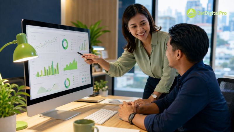 Tim Jasa SEO sedang menganalisis grafik performa website klien di layar monitor.