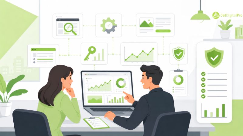 Jasa SEO handal dengan dua profesional membahas analitik website, kata kunci, grafik trafik, dan hasil optimasi.